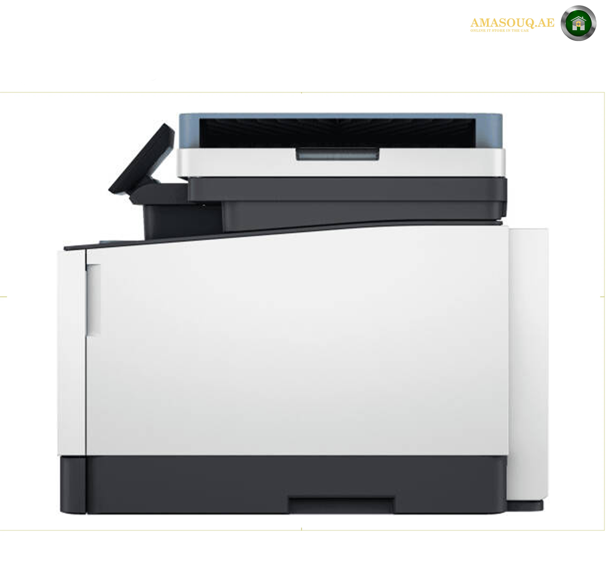 HP Color LaserJet Pro MFP 3303fdw 50-sheet automatic document feeder | 499M8A. A modern laser multi-function printer with a white and dark gray body, shown from a side angle with the top document feeder tray open. The image has a watermark in the top right corner reading 'AMASOUQAE'.