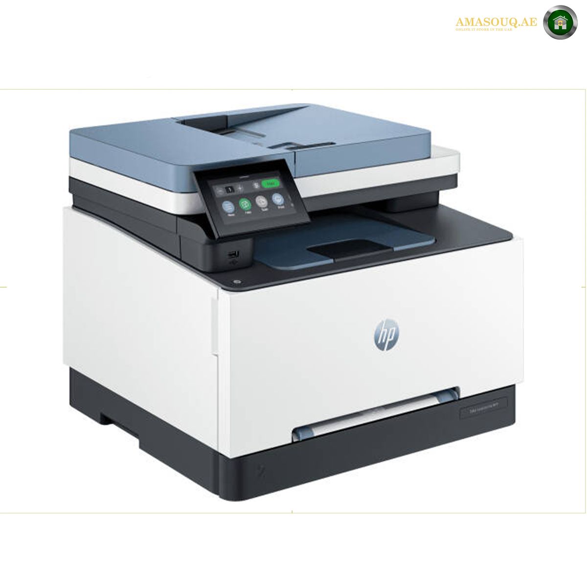 HP Color LaserJet Pro MFP 3303fdw printer front view | 499M8A. HP all-in-one laser printer in white and dark gray/black, featuring a flatbed scanner and a small color display control panel on the front.