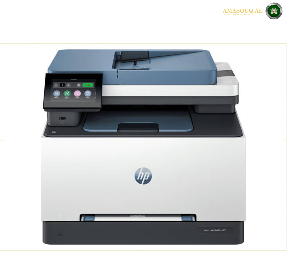 HP Color LaserJet Pro MFP 3303fdw colour laser multifunction printer | 499M8A. An HP multifunction laser printer in white, gray, and blue, shown from a front-facing perspective on a white background.