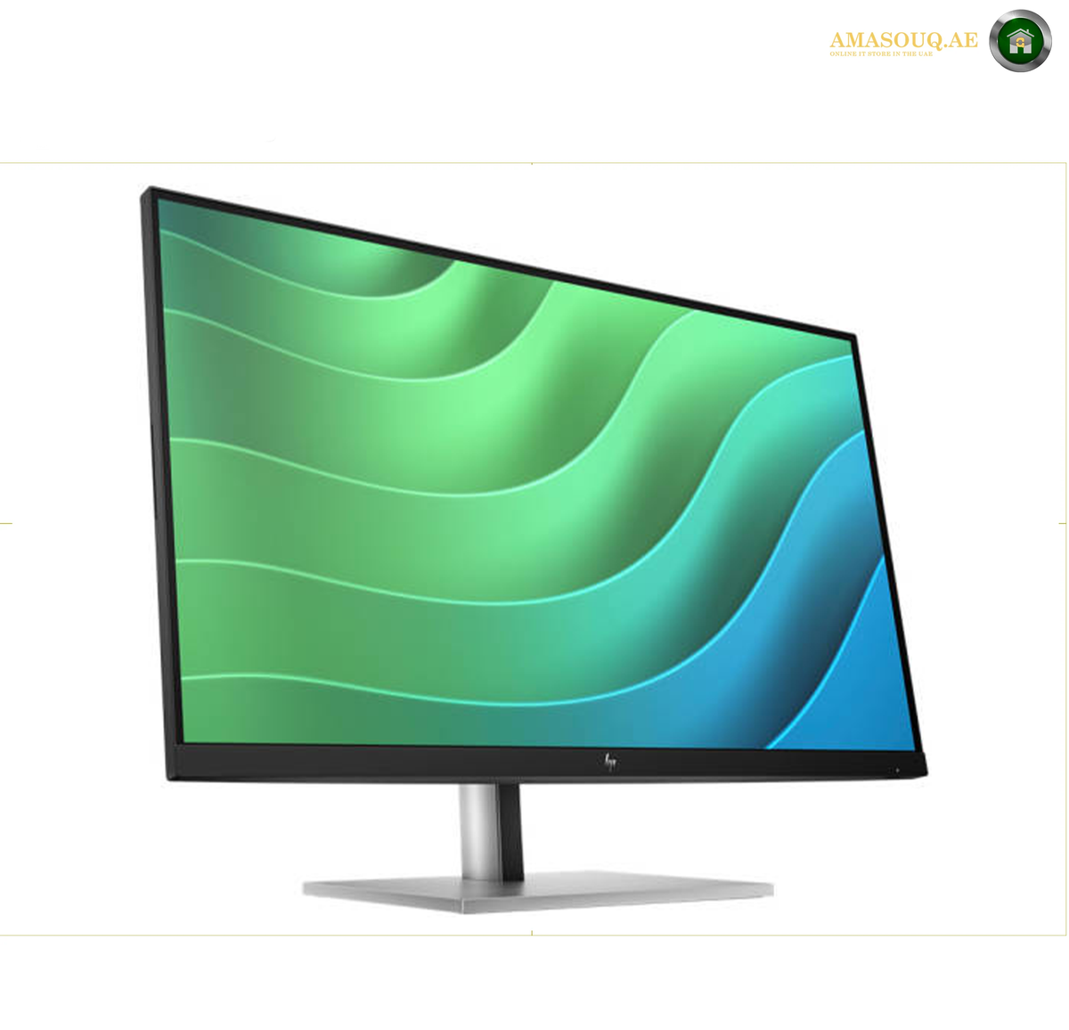 HP E27 G5 27" FHD Monitor | 6N4E2AS#ABV. A modern LED computer monitor with a thin black bezel and a silver stand, shown at an angle against a white background. The screen displays a green and blue wavy graphic.