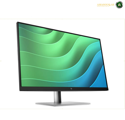 HP E27 G5 27" FHD Monitor | 6N4E2AS#ABV. A modern LED computer monitor with a thin black bezel and a silver stand, shown at an angle against a white background. The screen displays a green and blue wavy graphic.