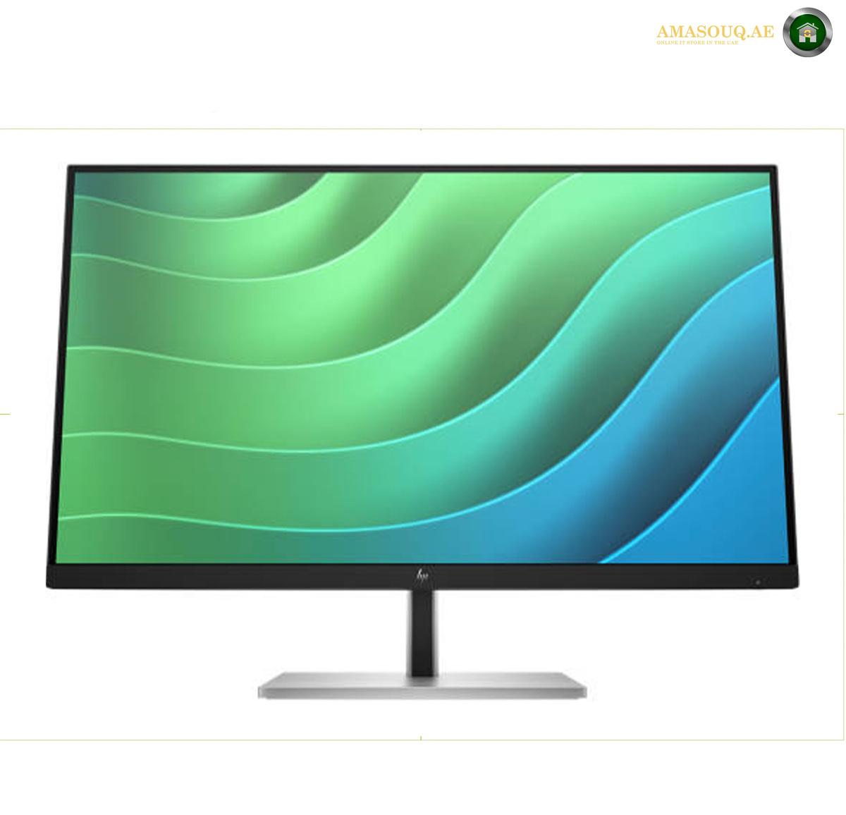 HP E27 G5 Front View 27" FHD Monitor | 6N4E2AS#ABV. A modern computer monitor with a slim black bezel and stand, displaying a green and blue wavy graphic on the screen, set against a plain white background.