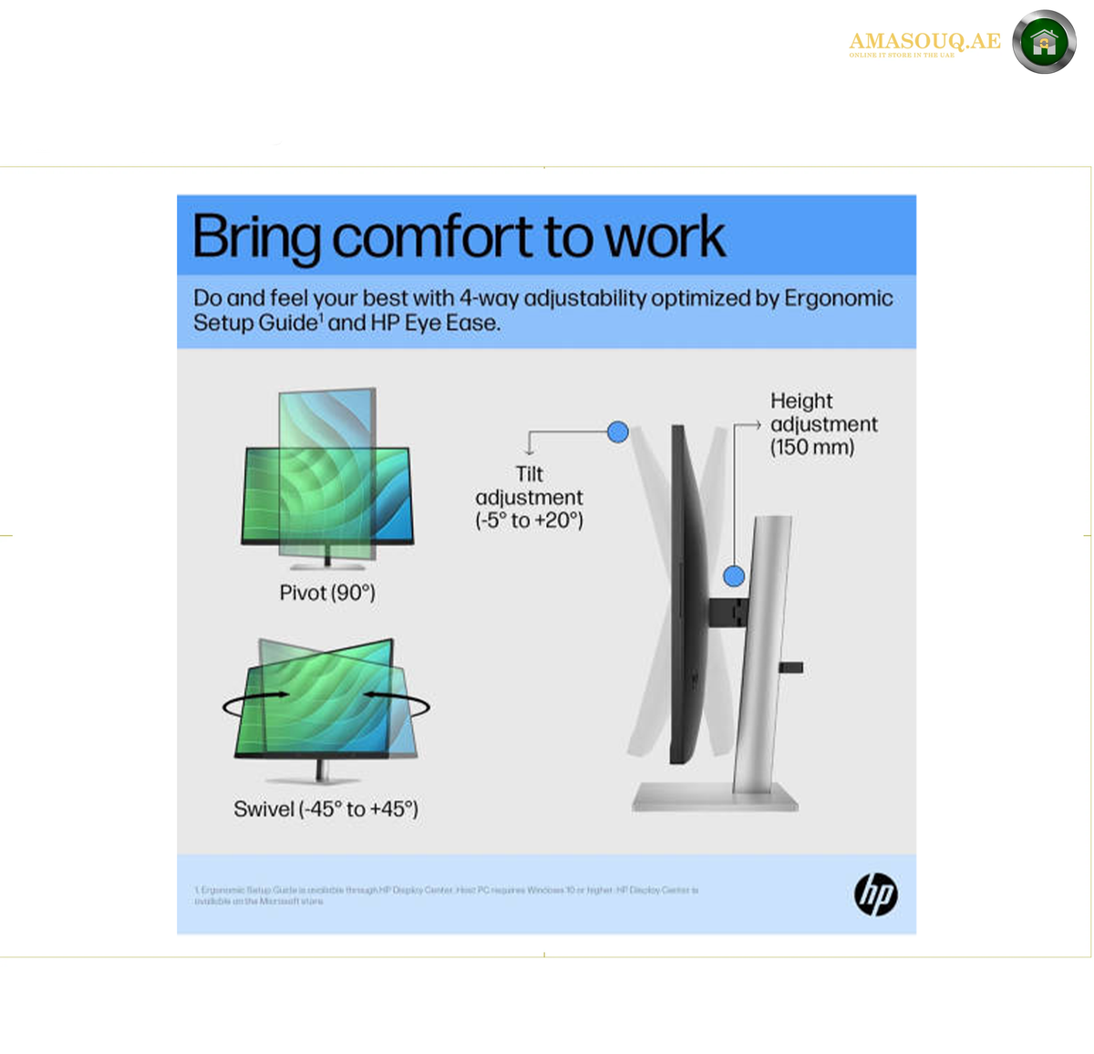 HP E27 G5 27" FHD Office Monitor | 6N4E2AS#ABV. An informational product graphic for an HP monitor stand with text reading 'Bring comfort to work' and diagrams showing tilt, swivel, and height adjustment. The HP logo appears at the bottom right.