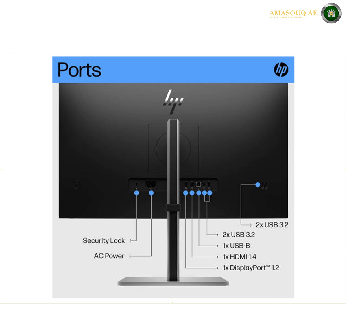 HP E27 G5 27" FHD Productivity Monitor | 6N4E2AS#ABV.A labeled diagram showing the rear ports of an HP monitor, with callouts for Security Lock, AC Power, 2x USB 3.2, 1x USB-B, 1x HDMI 1.
