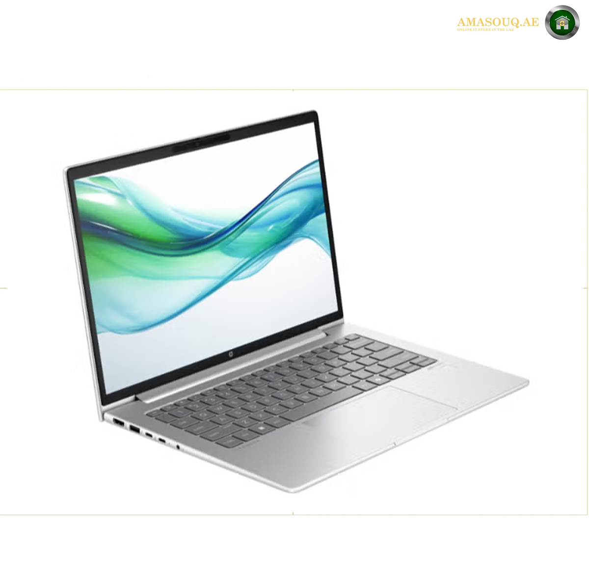 HP ProBook 440 G11 14-inch WUXGA display 1920 x 1200 | A38BCET#BH5. A silver computer monitor stand shown from two side angles on a plain white background, with a small AMASOUQAE watermark in the top right corner.