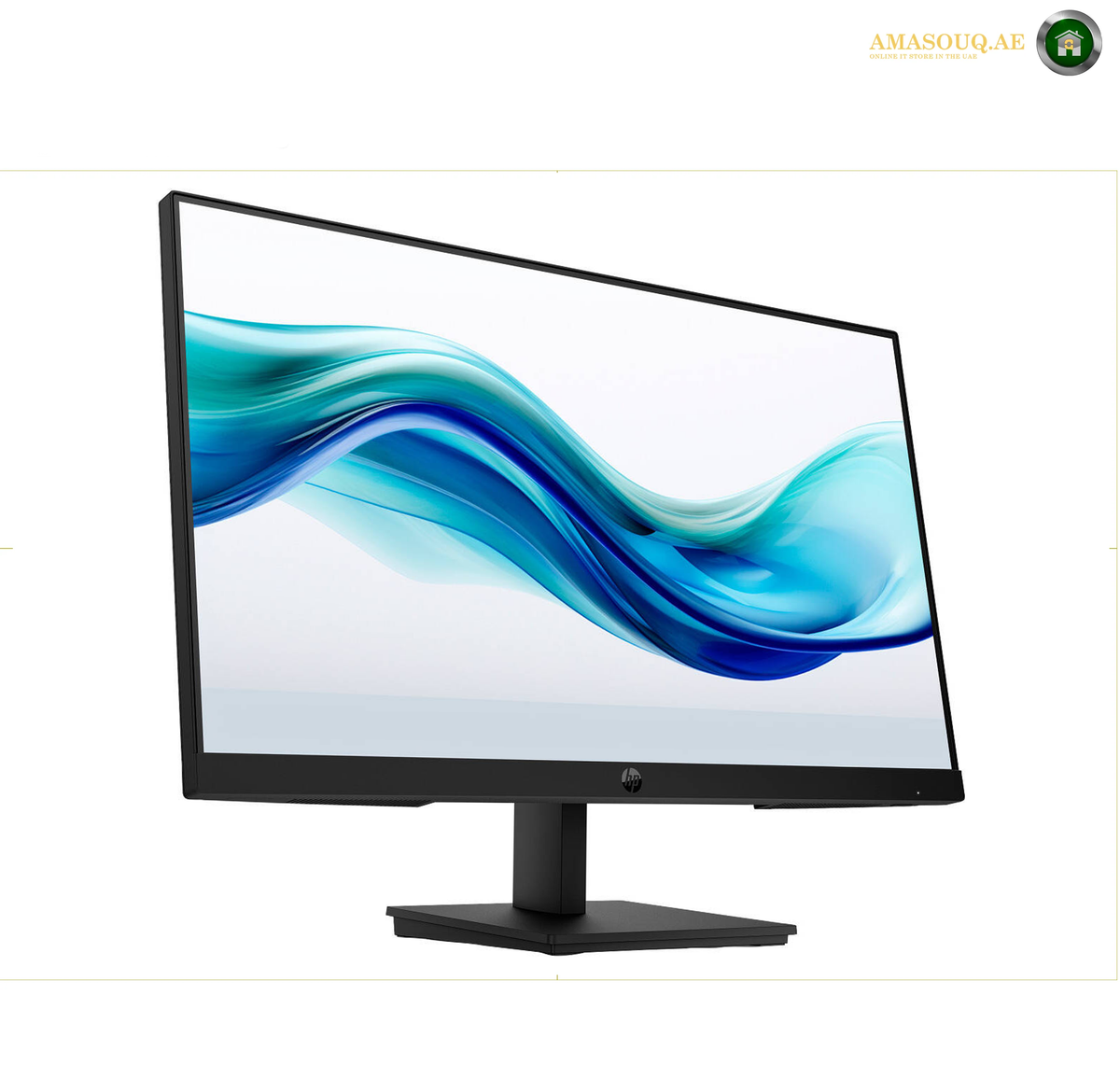 HP S3 324pf 23.8 inch FHD monitor | 9U5J5AS#ABV. A black computer monitor with a slim bezel and stand, displaying a blue and teal abstract wave wallpaper on a white background.