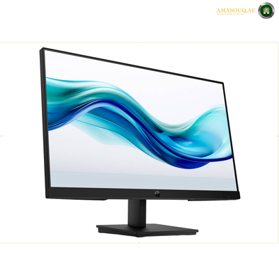 HP S3 324pf 23.8 inch FHD monitor | 9U5J5AS#ABV. A black computer monitor with a slim bezel and stand, displaying a blue and teal abstract wave wallpaper on a white background.