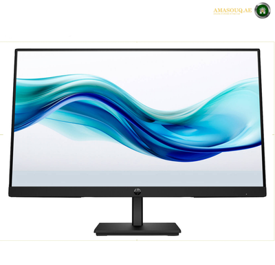 HP S3 324pf 23.8 inch Full HD monitor front view | 9U5J5AS#ABV. A black HP monitor with a slim bezel and stand, displaying a blue and teal abstract wave wallpaper on a white background.