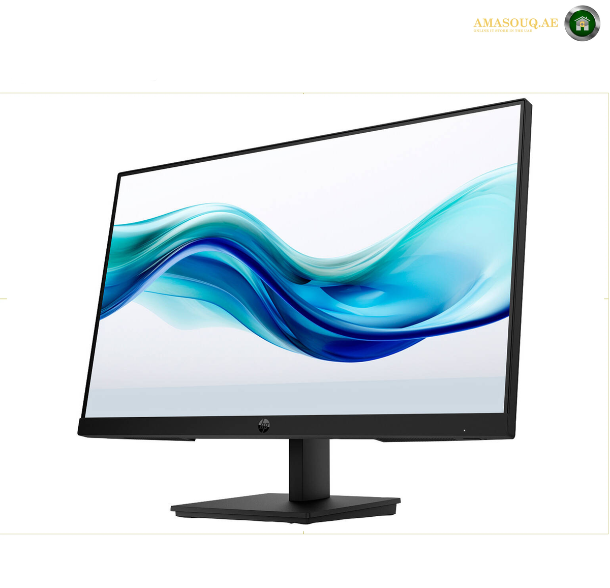 HP S3 324pf professional office monitor | 9U5J5AS#ABV. A black computer monitor with a slim stand, displaying a blue and teal abstract wave wallpaper on a white background.