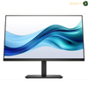 HP S3 Pro 327pe 27 inch Full HD monitor front view | B1GM6AS#ABV.
A black computer monitor with a slim stand, displaying a blue and teal wavy graphic on a white screen, set against a plain white background.