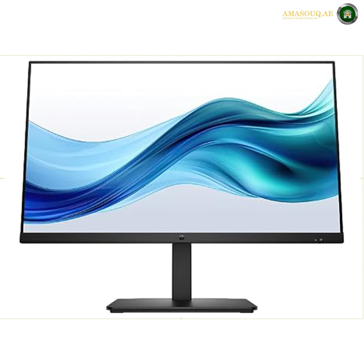 HP S3 Pro 327pe 27 inch Full HD monitor front view | B1GM6AS#ABV.
A black computer monitor with a slim stand, displaying a blue and teal wavy graphic on a white screen, set against a plain white background.