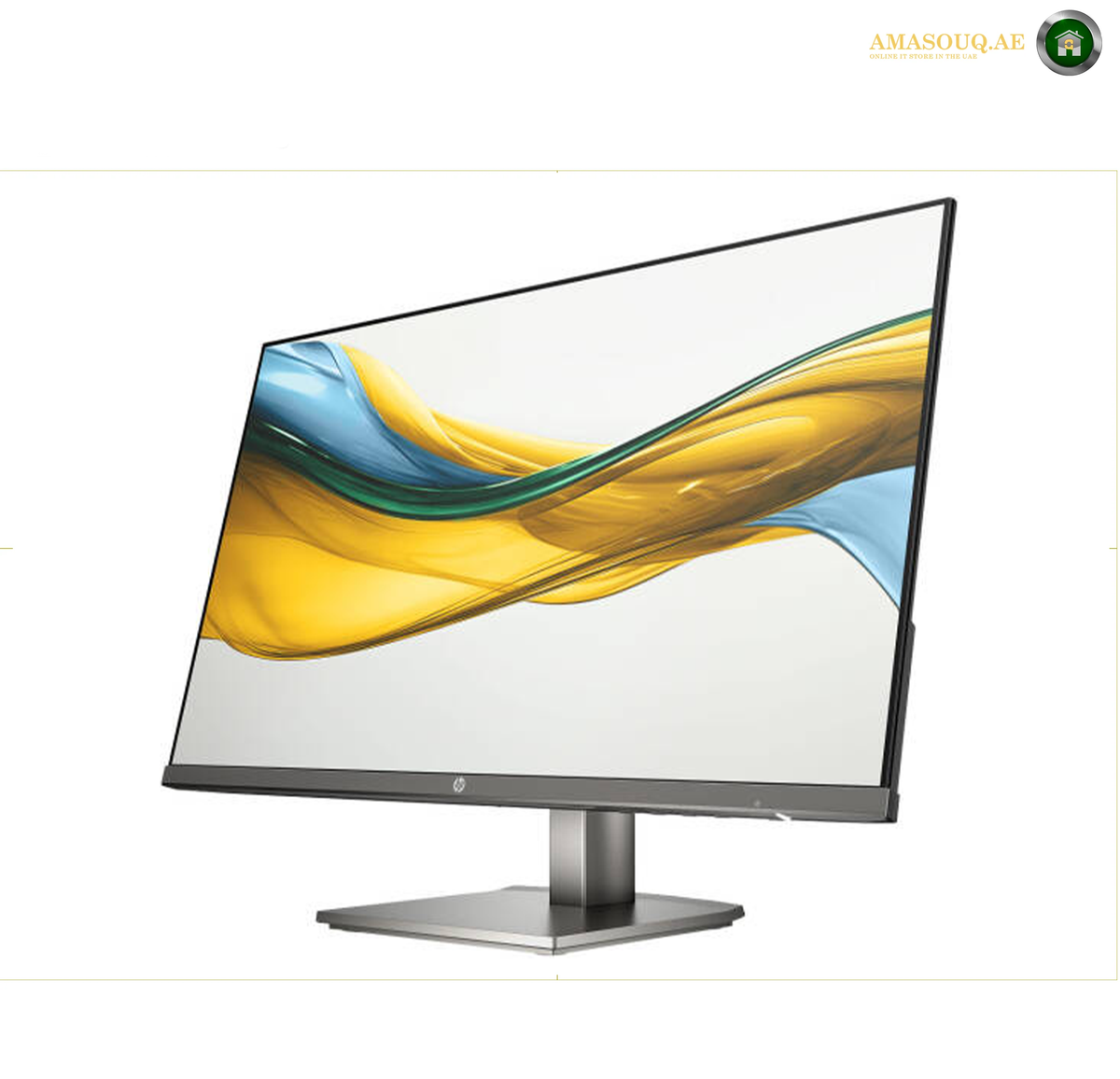 HP S5 524da 23.8 inch FHD monitor with speakers | B11W5AS#ABV.A modern curved computer monitor with a slim black bezel and a silver stand, shown on a plain white background. The screen displays a colorful abstract wave graphic.