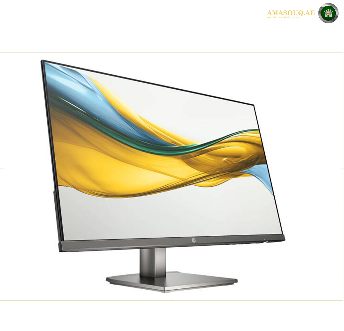 HP S5 524da 23.8 inch FHD display | B11W5AS#ABV.A modern computer monitor with a slim black bezel and a silver stand, shown at a three-quarter angle on a white background. The screen displays a colorful abstract wave graphic.