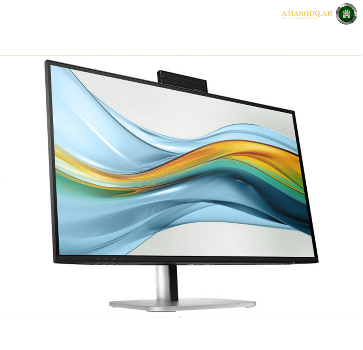 HP S5 527pm 27 inch QHD conferencing monitor | 9E0Y9AS#ABV.A modern computer monitor with a slim black bezel and stand, displaying a colorful abstract wave wallpaper. The monitor is shown at a three-quarter angle on a plain white background.