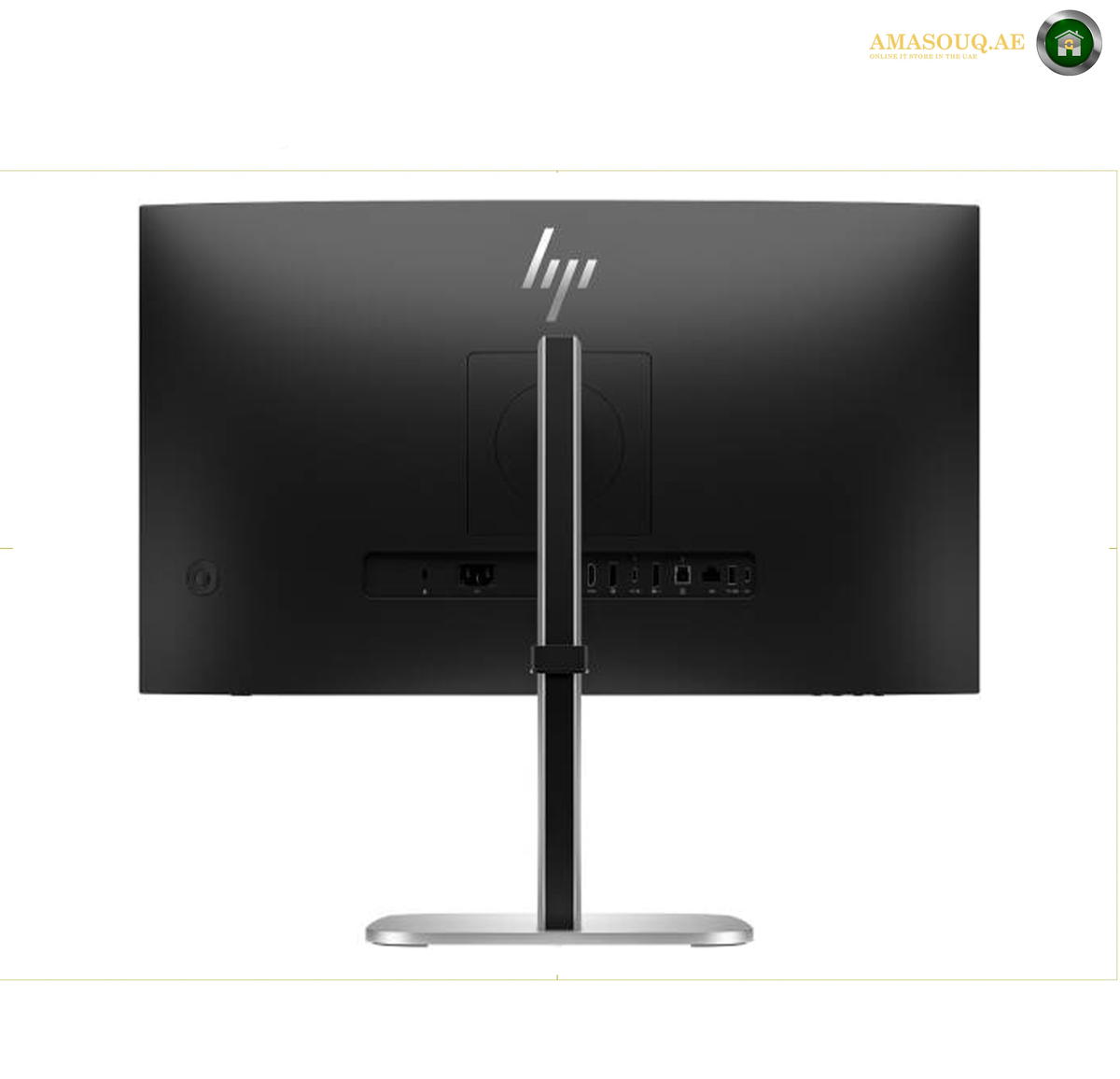 HP S5 527pm 27 inch QHD business monitor | 9E0Y9AS#ABV.HP desktop monitor shown from the back on a white background, with the HP logo centered on the black display surface and a silver stand base visible below.