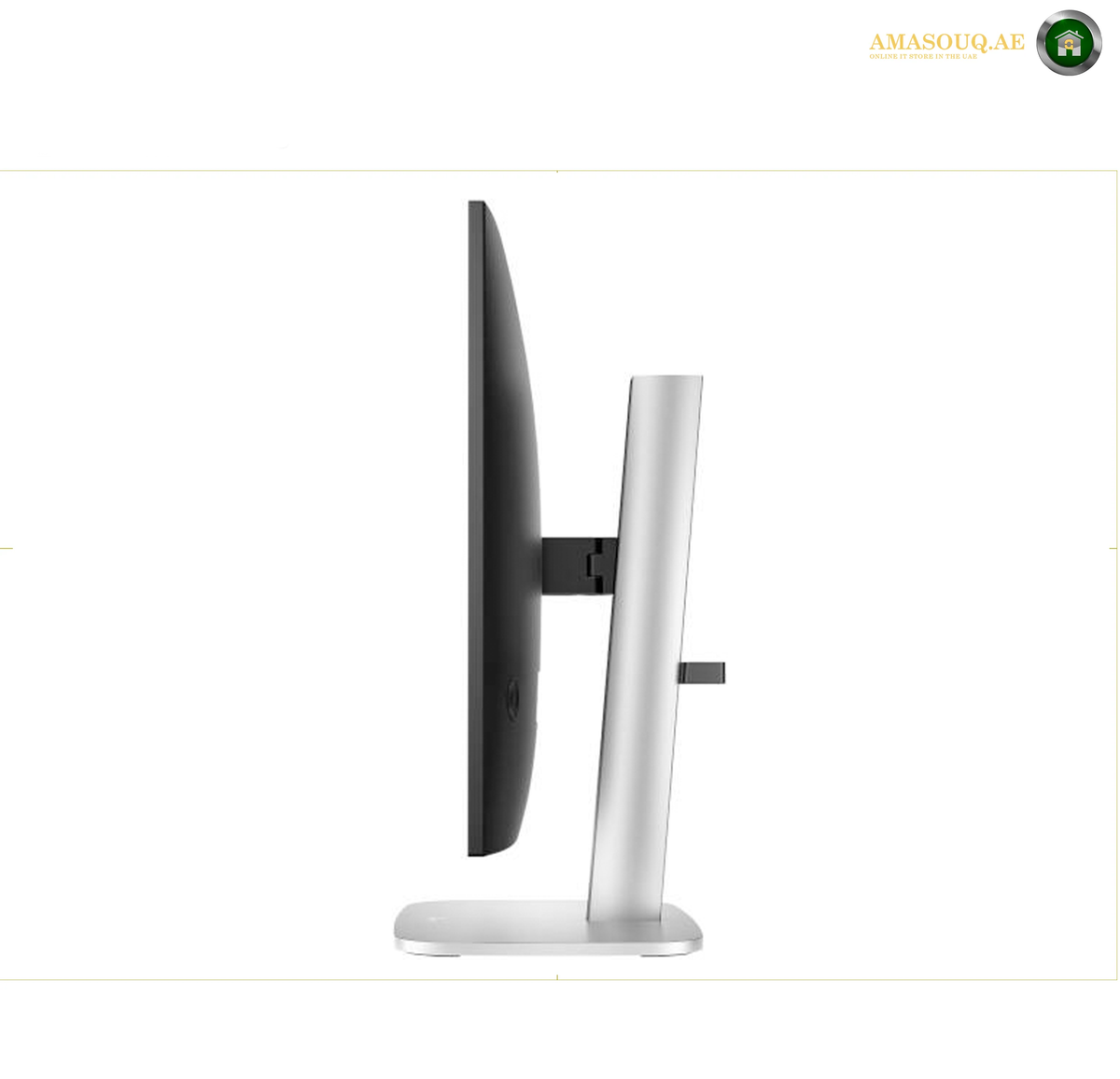 HP S5 527pm professional office monitor | 9E0Y9AS#ABV.A side profile view of a modern computer monitor with a slim black screen, a silver stand, and a black mounting bracket, shown against a plain white background.