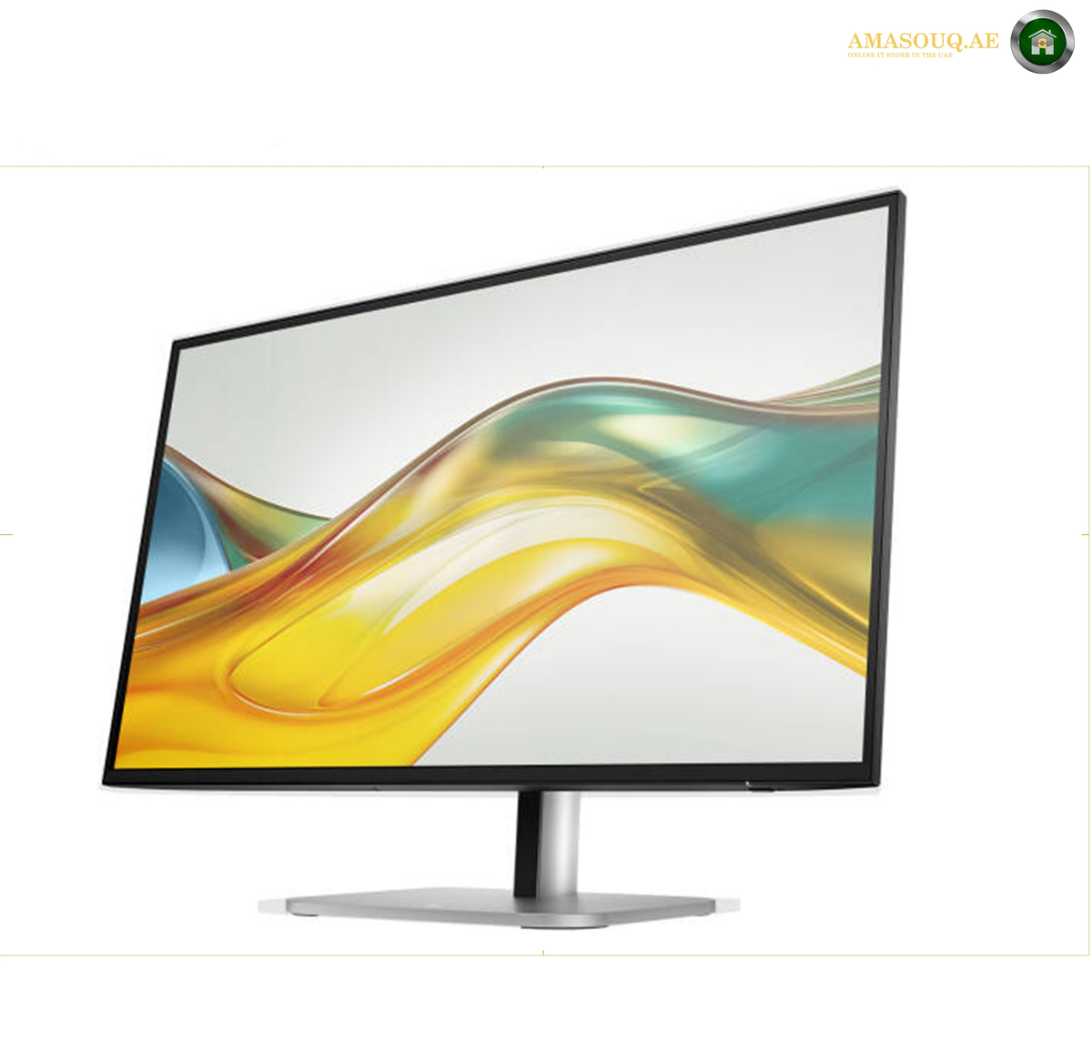 HP S5 527pq 27" QHD Monitor | 9D9S0AS#ABV. A modern curved computer monitor with a slim black bezel and a silver stand, displaying a colorful abstract wave graphic on a white background.