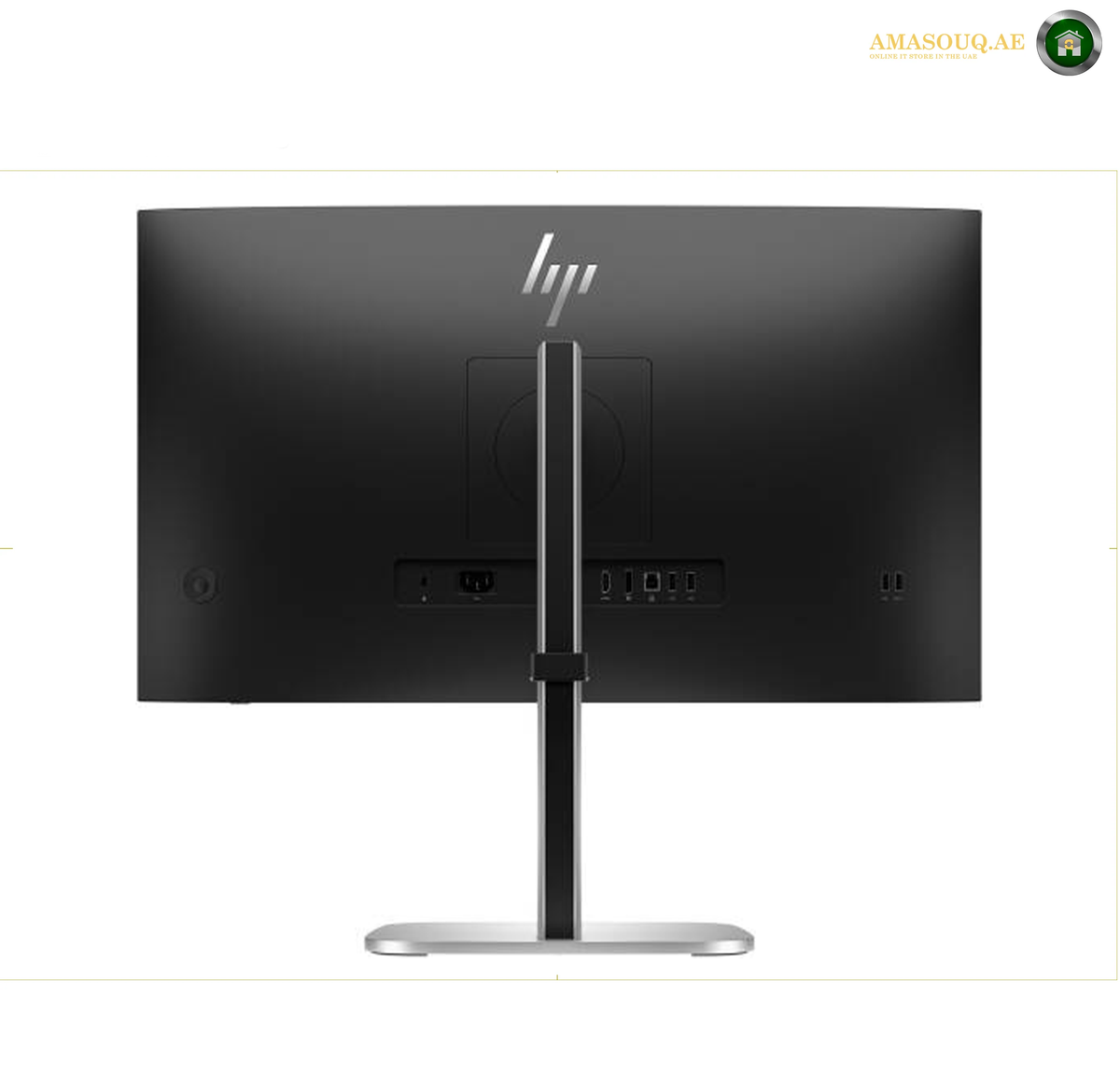 HP S5 527pq 4-Way Adjustable Monitor Stand | 9D9S0AS#ABV. HP computer monitor rear view with a slim stand, featuring the HP logo on the back and multiple ports on the lower center, shown against a white background.