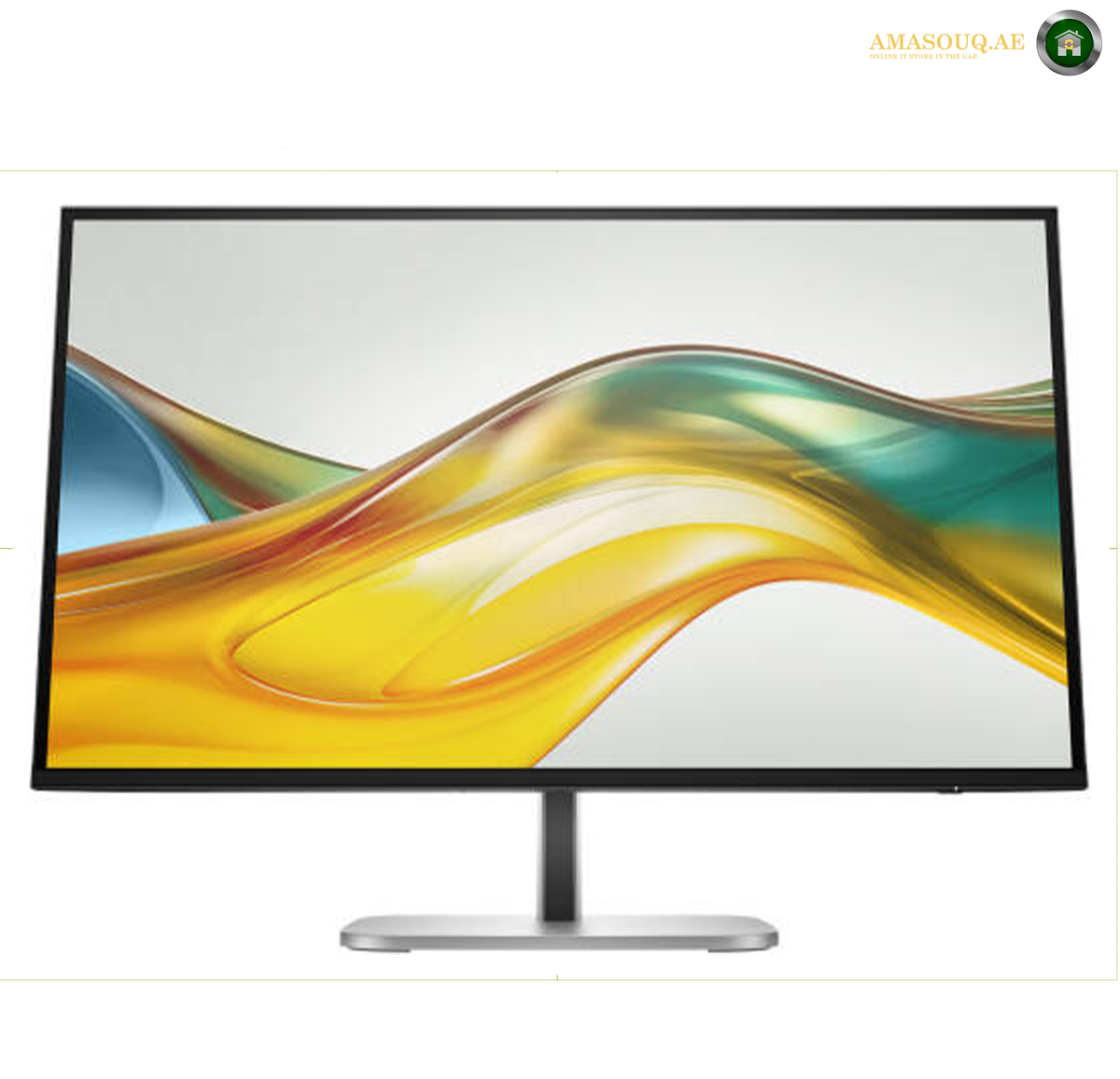HP S5 527pq Front View 27" QHD Monitor | 9D9S0AS#ABV. A modern computer monitor with a slim black bezel and a silver stand, displaying a colorful abstract wave graphic on a white background.