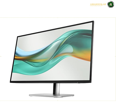 HP S5 527pu 27 inch QHD USB-C monitor | 9E0G5AS#ABV.A modern curved computer monitor with a slim black bezel and a silver stand, displaying a colorful abstract wave wallpaper on a white background.
