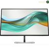 HP S5 527pu 27 inch QHD monitor front view | 9E0G5AS#ABV.A modern computer monitor with a slim black bezel and a silver stand, displaying a colorful abstract wave graphic on a white background.