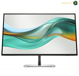 HP S5 527pu 27 inch QHD monitor front view | 9E0G5AS#ABV.A modern computer monitor with a slim black bezel and a silver stand, displaying a colorful abstract wave graphic on a white background.