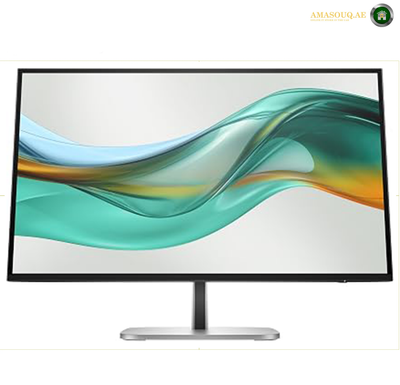 HP S5 527pu 27 inch QHD monitor front view | 9E0G5AS#ABV.A modern computer monitor with a slim black bezel and a silver stand, displaying a colorful abstract wave graphic on a white background.