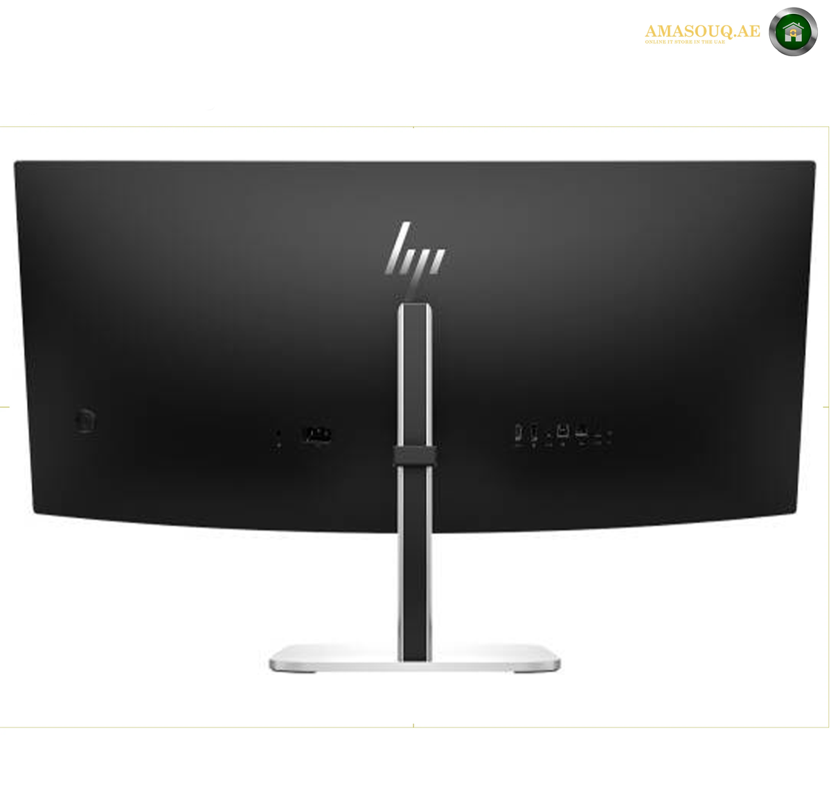 HP S5 534pm Professional Business Monitor | 9E0Z2UT#ABV. HP curved computer monitor shown from the back, featuring a black screen, a silver vertical stand, and a silver base on a white background.