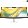 HP S5 534pm Front View WQHD Monitor | 9E0Z2UT#ABV. A curved computer monitor with a slim black bezel and stand, displaying a yellow, orange, and teal abstract wallpaper. The monitor is centered on a white background with a small logo in the top right corner.