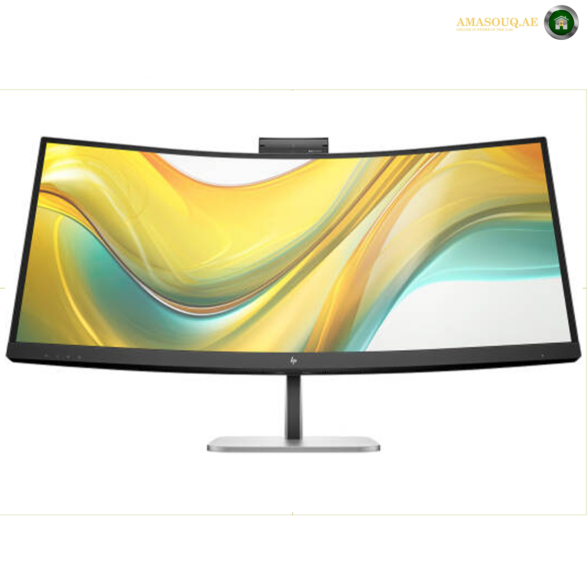 HP S5 534pm Front View WQHD Monitor | 9E0Z2UT#ABV. A curved computer monitor with a slim black bezel and stand, displaying a yellow, orange, and teal abstract wallpaper. The monitor is centered on a white background with a small logo in the top right corner.