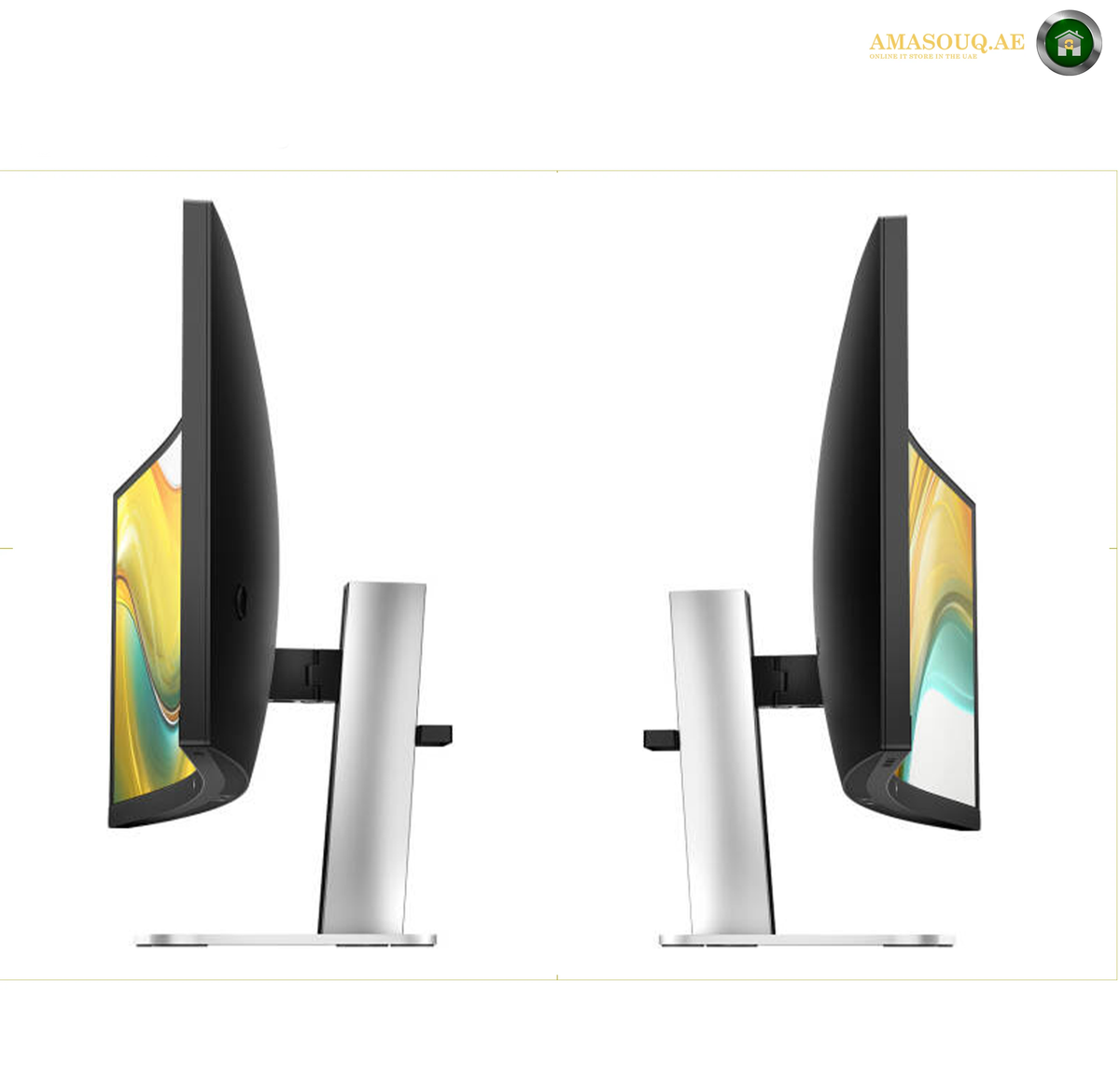 HP S5 534pm USB-C Monitor | 9E0Z2UT#ABV. Two modern curved computer monitor stands shown from the side on a white background, with colorful screen content visible. The stands have black outer shells and silver metallic center posts and bases.