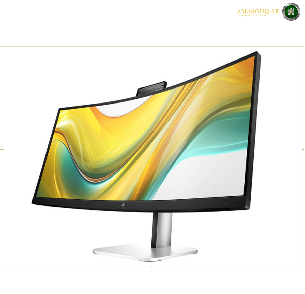 HP S5 534pm WQHD USB-C Monitor | 9E0Z2UT#ABV.A curved computer monitor with a black bezel and stand, displaying a colorful abstract wallpaper. The monitor is photographed on a clean white background with a small logo watermark in the top right corner.