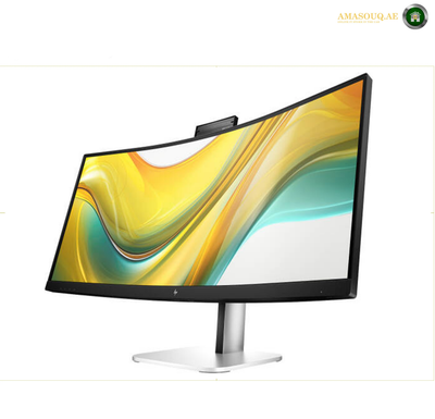 HP S5 534pm WQHD USB-C Monitor | 9E0Z2UT#ABV.A curved computer monitor with a black bezel and stand, displaying a colorful abstract wallpaper. The monitor is photographed on a clean white background with a small logo watermark in the top right corner.