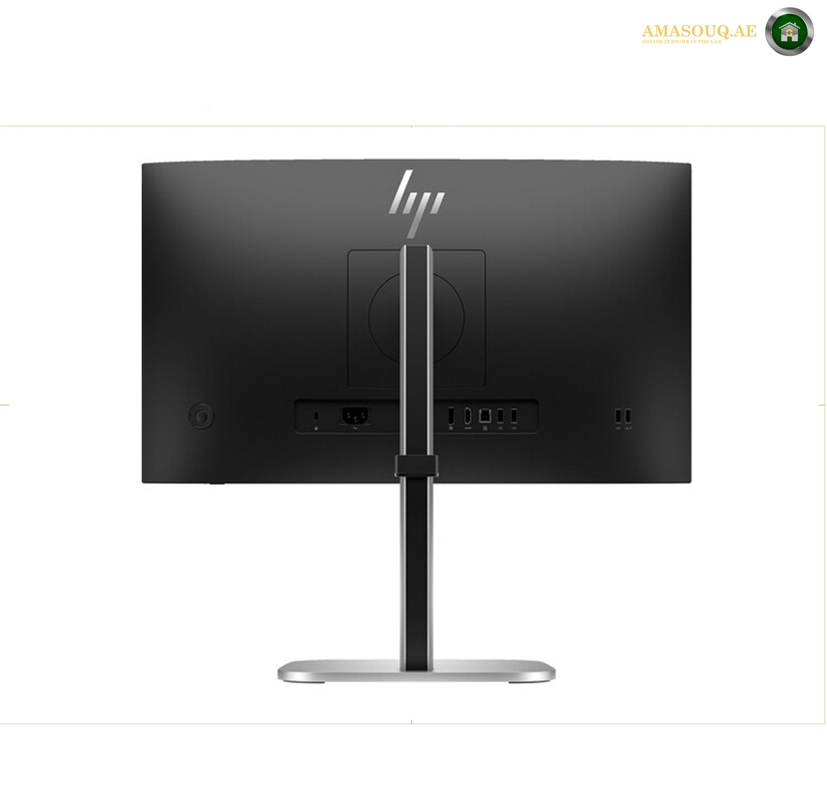 HP S5 Pro 524pm professional office monitor | 9E0G9AS#ABV.The back view of an HP desktop monitor with a black chassis, a central stand, and a silver base, shown on a white background.