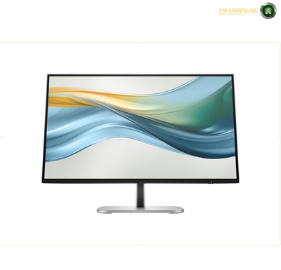 HP S5 Pro 524pu 23.8 inch FHD USB-C monitor | 9D9V7AS#ABV.A modern computer monitor with a thin black bezel and a silver stand, displaying a colorful abstract wave graphic on its screen, set against a plain white background.
