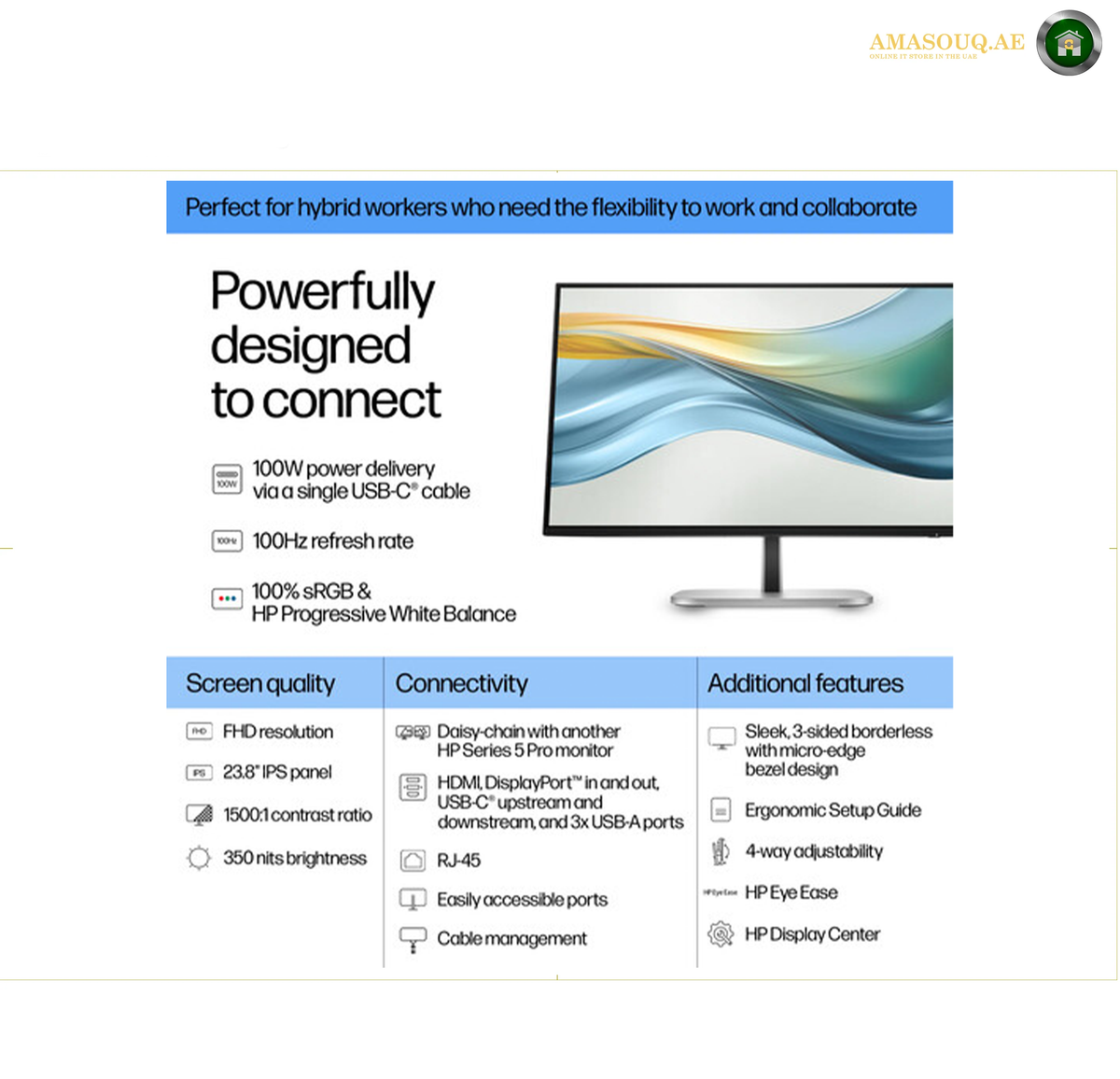 HP S5 Pro 524pu 23.8 inch USB-C display | 9D9V7AS#ABV. A promotional infographic for the AMASOUQE HP DisplayPort 3 monitor, featuring a large product render of the monitor on a white background with text detailing its 100W power delivery, 23:6 IPS panel, HDMI DisplayPort support, and ergonomic features.