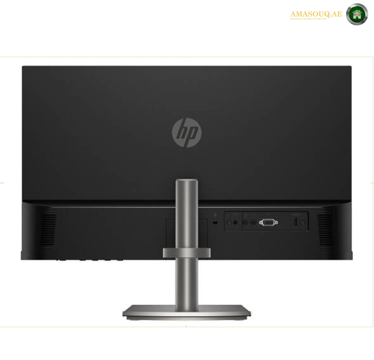 HP S5 Pro 527da height-adjustable monitor stand | B11W6AS#ABV.Rear view of an HP desktop monitor with a black screen bezel and stand on a white background.