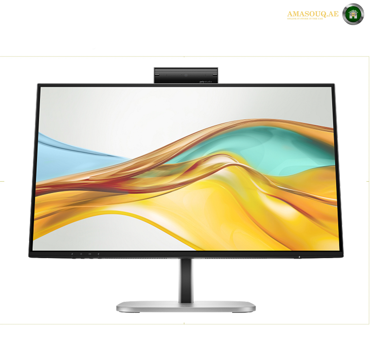HP S5 Pro 527pf 27 inch Full HD monitor front view | B28F5AS#ABV. A modern computer monitor with a thin black bezel, a silver stand, and a built-in webcam on top, shown against a plain white background. The screen displays a colorful abstract wave graphic.