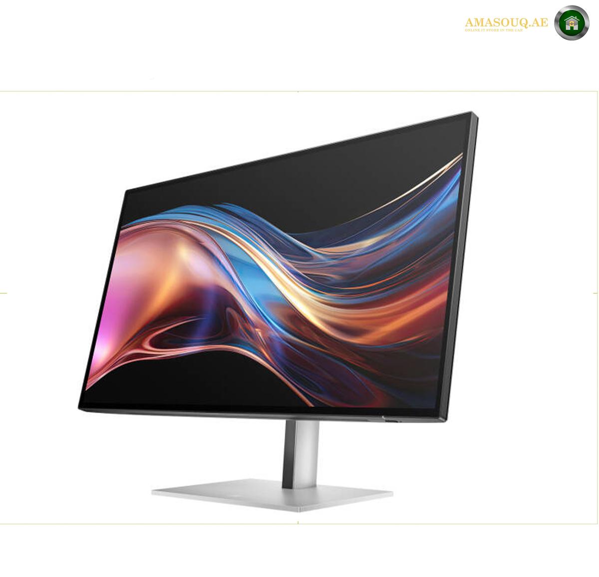 HP S7 Pro 727pu 27" QHD Monitor | 8J9E6UT#ABV. A modern computer monitor with a slim black bezel and a silver stand, shown at an angle on a white background. The screen displays a colorful abstract wave pattern.