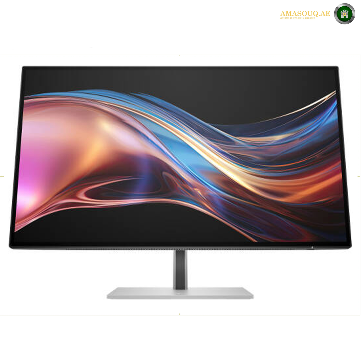 HP S7 Pro 727pu Front View 27" QHD Monitor | 8J9E6UT#ABV. A modern computer monitor with a slim black bezel and a silver stand, displaying a colorful abstract wave wallpaper on a white background.