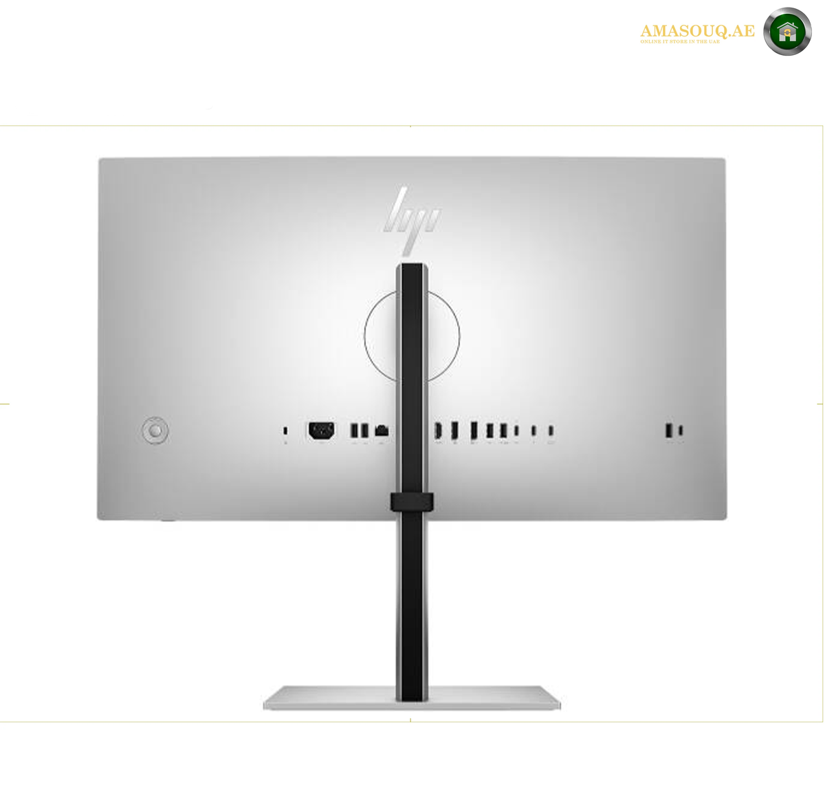 HP S7 Pro 727pu Thunderbolt 4 Monitor | 8J9E6UT#ABV. The back view of an HP all-in-one desktop computer with a silver aluminum chassis and a black stand, shown on a white background.