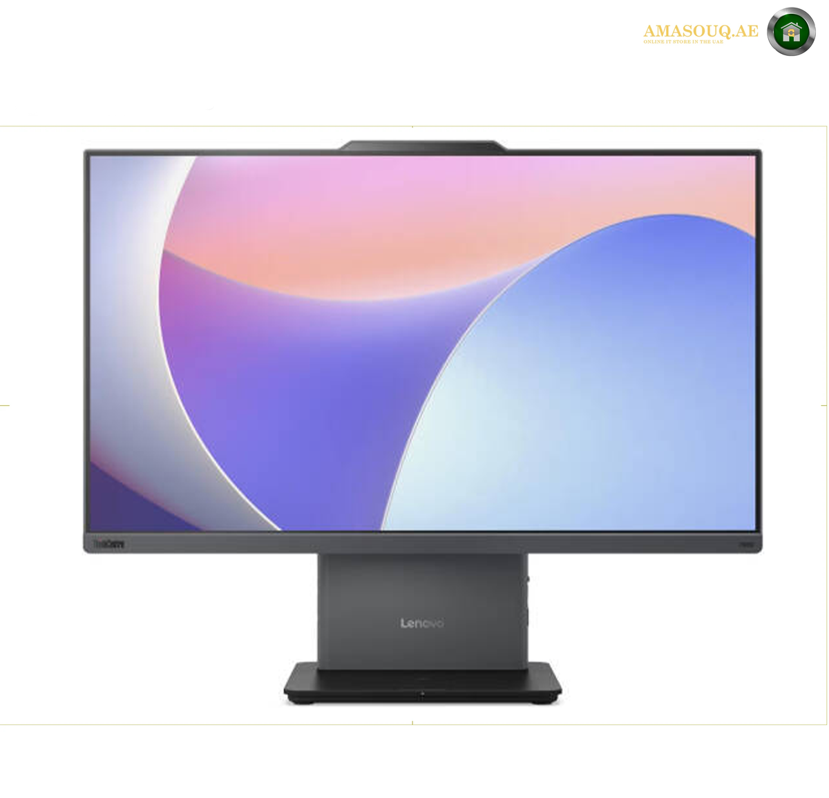 Lenovo AIO neo 50a 23.8 Inch FHD All-in-One Front View 12SC007LGP.A Lenovo desktop monitor with a slim black bezel and stand, displaying a colorful abstract wallpaper on a white background.