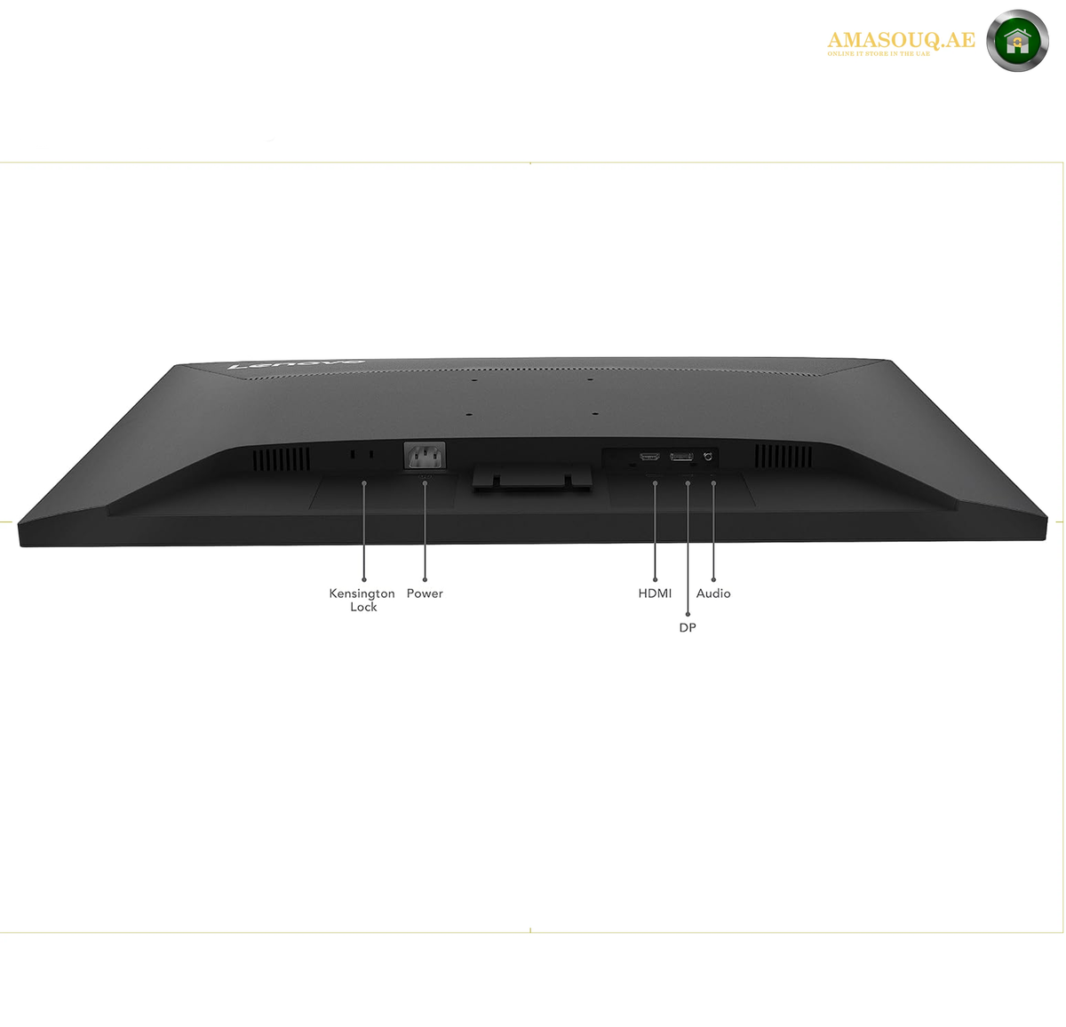 Lenovo D19-10 HDMI Monitor | 61E0KCT6UK.Back view of a black LED monitor with labels pointing to the power port, Kensington lock port, HDMI, Audio, and USB-C ports, on a white background.