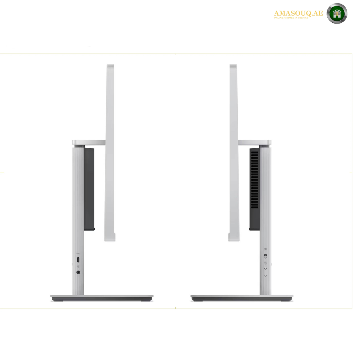 Lenovo IdeaCentre AIO 24IRH9 8GB RAM 512GB SSD | F0HN00N3AX. Two slim silver computer monitor stands shown from the side on a white background, with AMASOUQAE branding in the top right corner.
