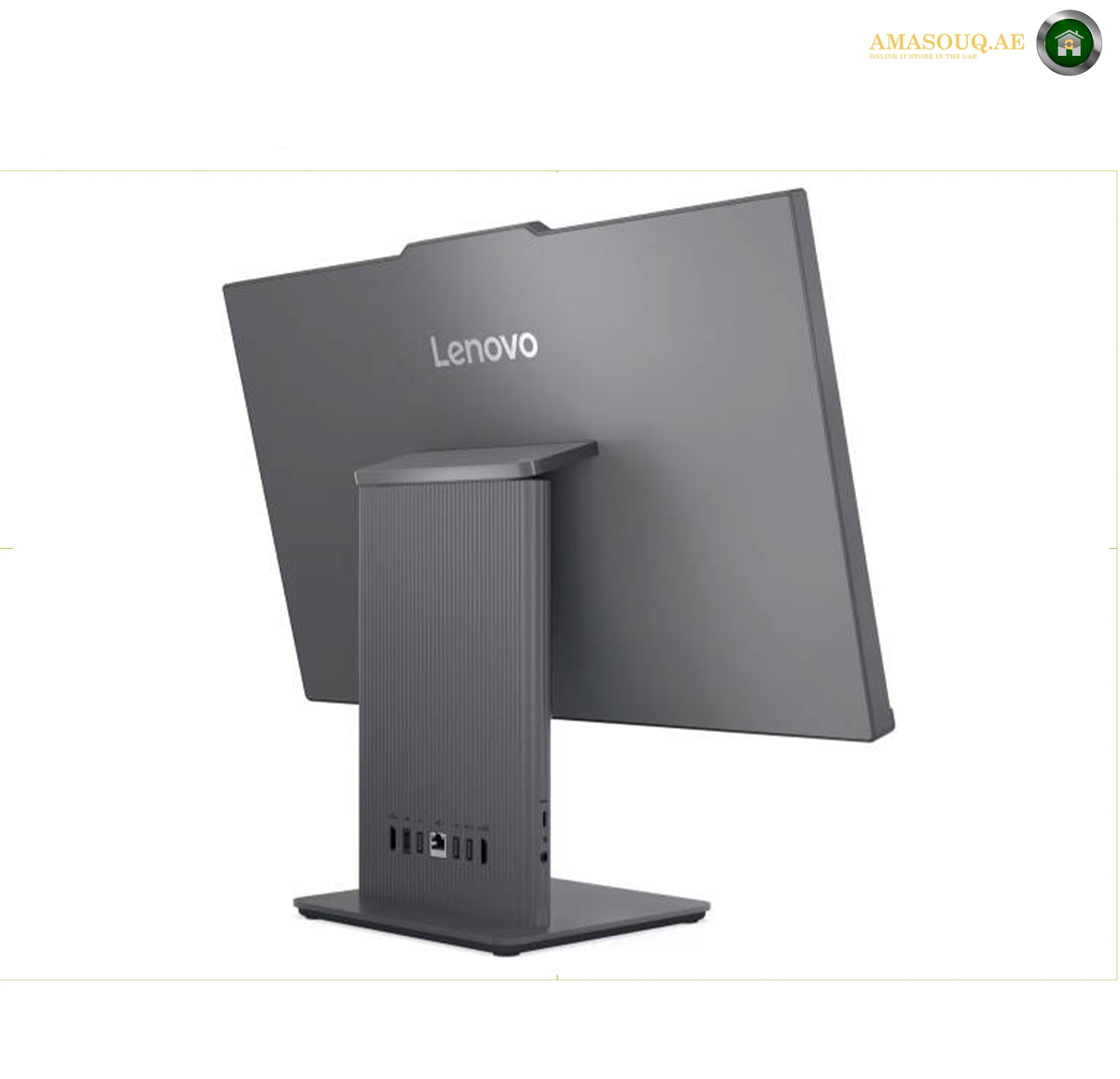 Lenovo IdeaCentre AIO 24IRH9 Rear View All-in-One PC | F0HN00LCAX. Lenovo all-in-one desktop computer with a dark gray tower and matching monitor stand, shown from a three-quarter angle against a white background.