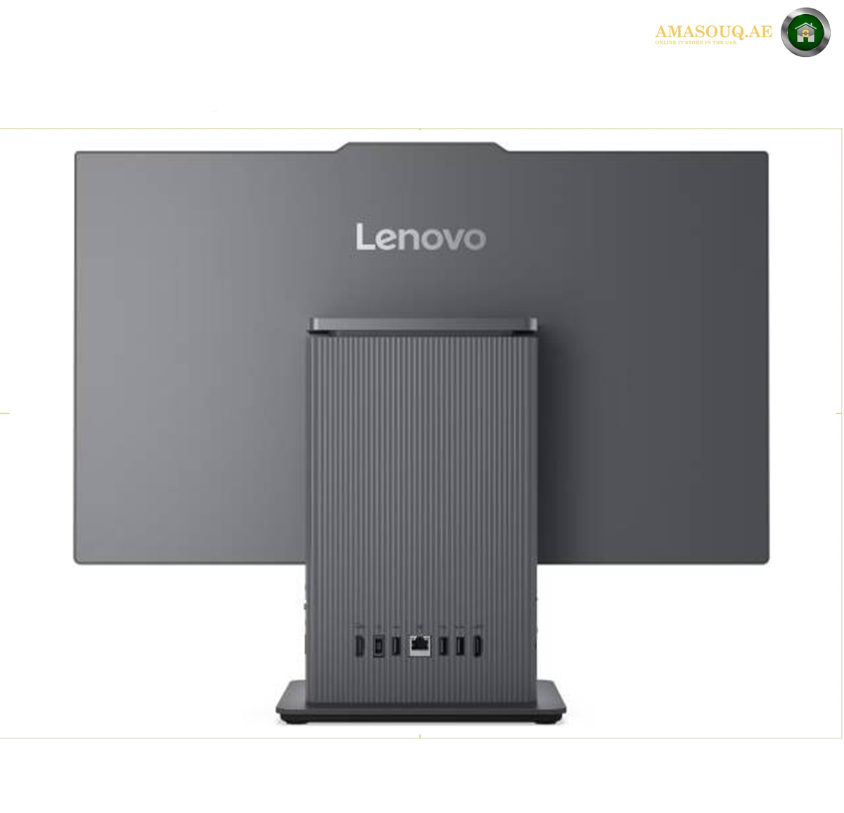 Lenovo IdeaCentre AIO 24IRH9 Rear View All-in-One PC | F0HN00N2AX. Lenovo all-in-one desktop computer shown from the back, featuring a large dark gray monitor and a matching vertical tower with visible ports on the back panel, set against a plain white background.