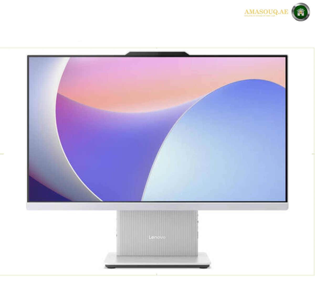 Lenovo IdeaCentre AIO 24IRH9 Core 5 210H 23.8 inch FHD All-in-One PC White F0HN00N5AX.A Lenovo desktop monitor with a slim silver stand, shown on a plain white background. The screen displays a colorful abstract wallpaper with purple, blue, and pink waves.