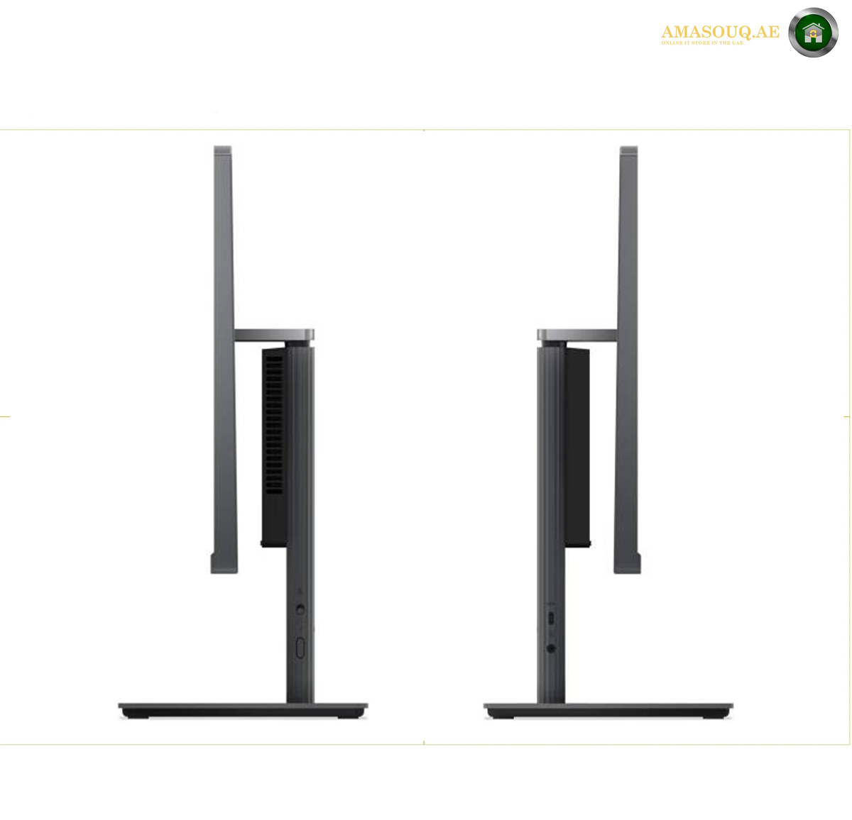 Lenovo IdeaCentre AIO 24IRH9 23.8 Inch FHD Touchscreen | F0HN00M4AK.Two views of a slim dark gray computer monitor stand on a white background, showing the front and back of the stand and base.