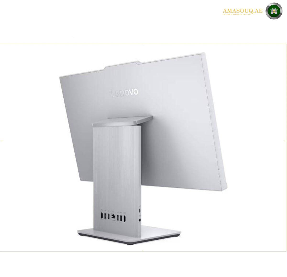 Lenovo IdeaCentre AIO 24IRH9 23.8 Inch FHD Touchscreen | F0HN00M6AK. A Lenovo desktop monitor shown from the rear three-quarter view, featuring a silver aluminum stand and backplate on a plain white background.