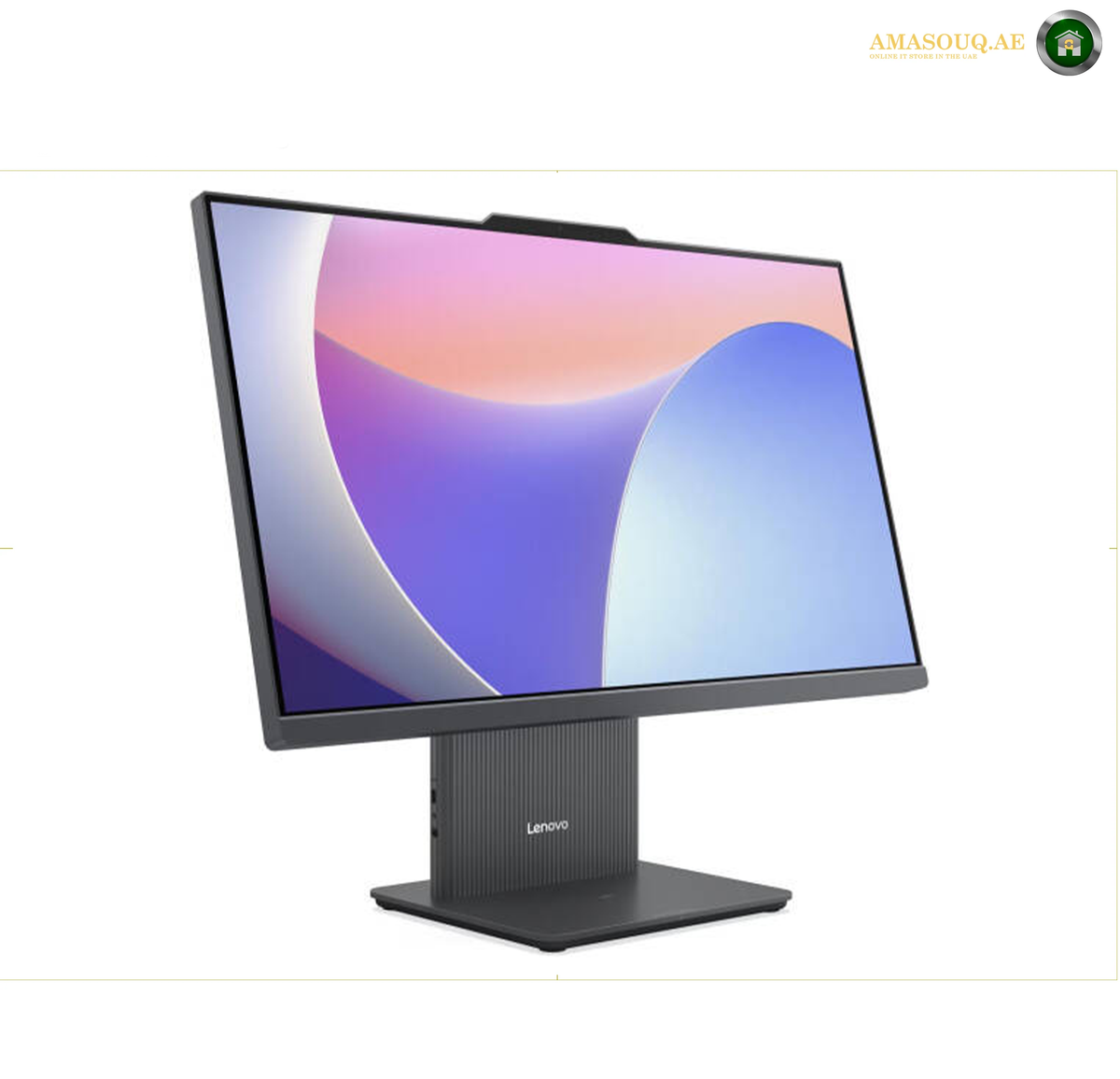 Lenovo IdeaCentre AIO 24IRH9 Front View 23.8 FHD Touch Display | F0HN00LCAX. A Lenovo all-in-one desktop computer with a slim black stand and a colorful abstract display screen, shown on a plain white background.